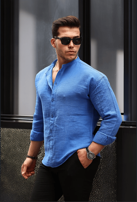 Hafif ve Nefes Alabilir Erkek Müslin Yarım Pat Hakim Yaka Oversize Gömlek - Parlament Mavisi