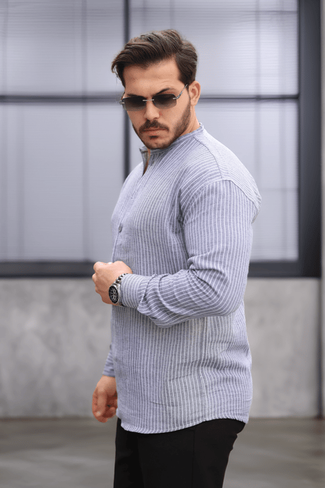 Çizgili Müslin Kumaş Yarım Pat Erkek Gömlek - Siyah