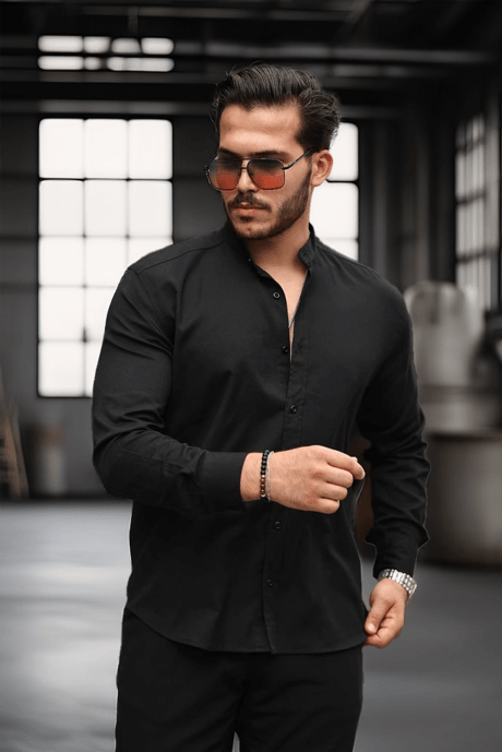 Hakim Yaka Oxford Kumaş Uzun Kol Gömlek - Siyah