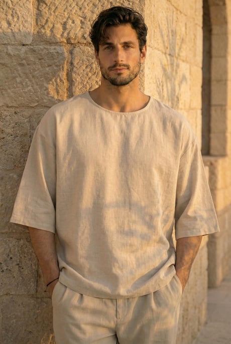 Castiel Bisiklet Yaka Fakir Kol Oversize Kısa Kol T-shirt - Bej