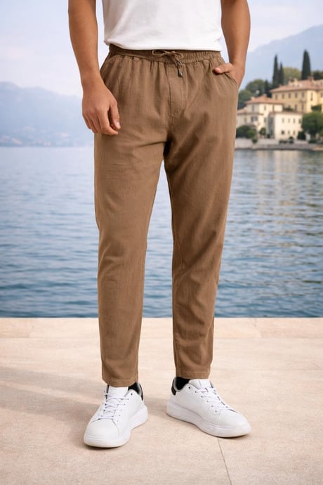 Meridian Kumaş Relaxed Fit %100 Pamuklu Jogger Erkek Yazlık Eşofman Altı Pantolon - Tiramisu