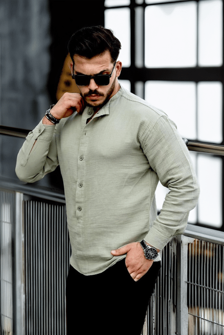 Hafif ve Nefes Alabilir Erkek Müslin Yarım Pat Hakim Yaka Oversize Gömlek - Açık Haki