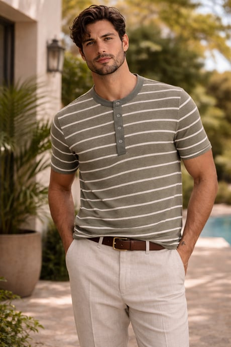 Kristof Pike Kumaş Regular Fit Düğmeli Yaka Kendinden Çizgili T-Shirt - Yeşil