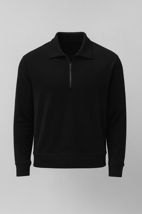 Eric Relax Fit Yarım Fermuarlı Polo Yaka Selanik Kumaş Erkek Sweatshirt - Siyah