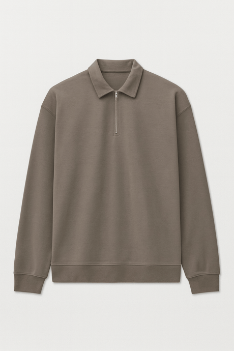 Scuba Modal Kumaş Relaxed Fit Yarım Fermuarlı Polo Yaka Erkek Sweatshirt - Füme