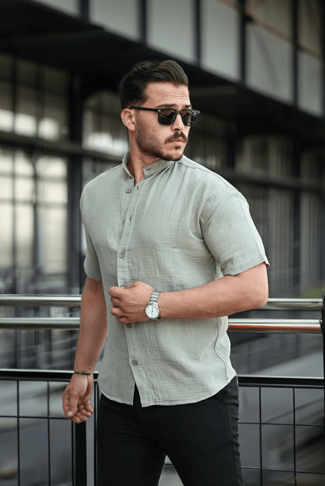 Hakim Yaka Müslin Kumaş Kısa Kol Gömlek - Açık Haki