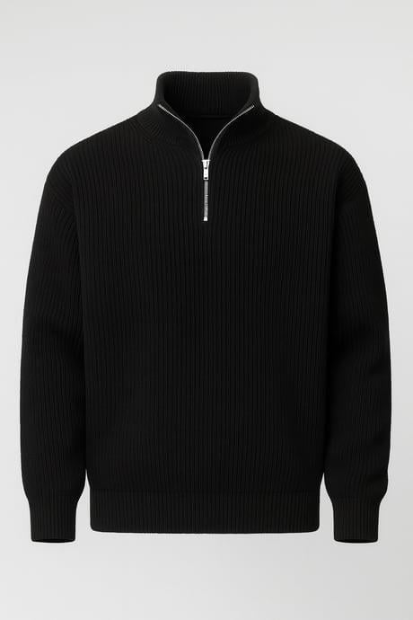 Nolan Oversize Selanik Örgü Yarım Fermuar Erkek Triko Kazak - Siyah