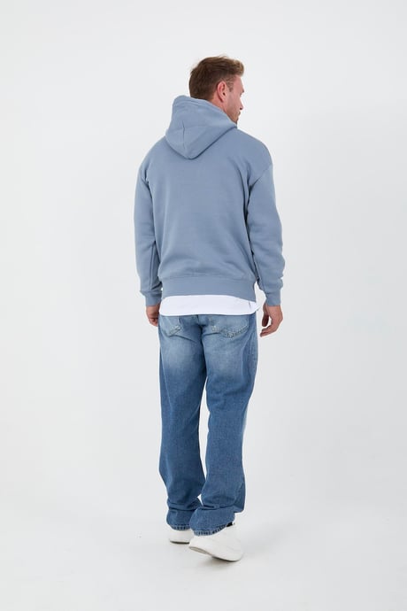 Açıkmavi Erkek Oversize Kapüşonlu Kanguru Cepli Sweatshirt - Hoodie