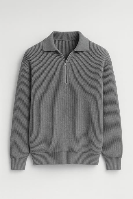 Gibson Oversize Yarım Fermuar Gömlek Polo Yaka Selanik Örme Erkek Triko Kazak - Füme