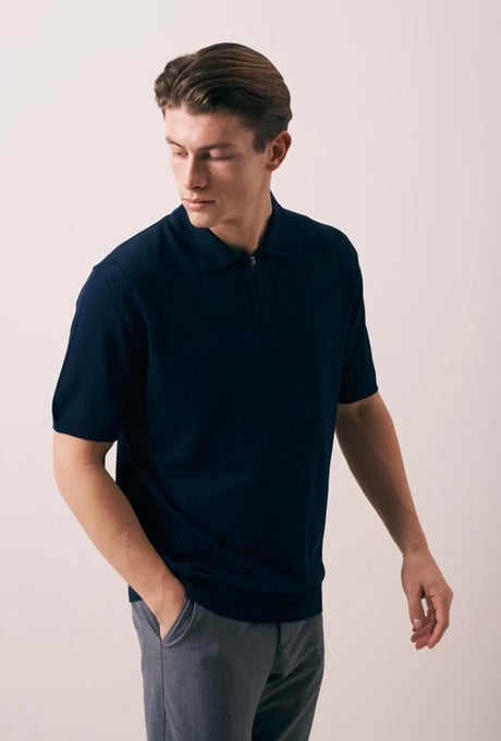 Ritchie Fermuarlı Polo Yaka Dikey Çizgili Kısa Kollu İnce Triko Erkek T-Shirt - Lacivert