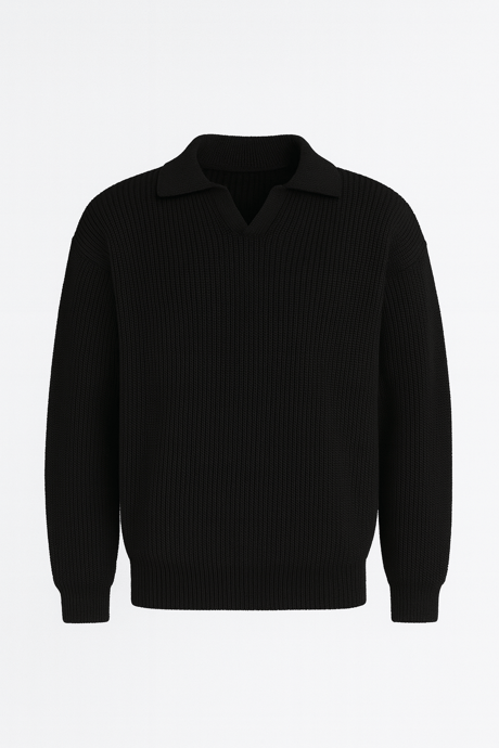 Joris Oversize Gömlek Polo Yaka Selanik Örgülü Erkek Triko Kazak - Siyah