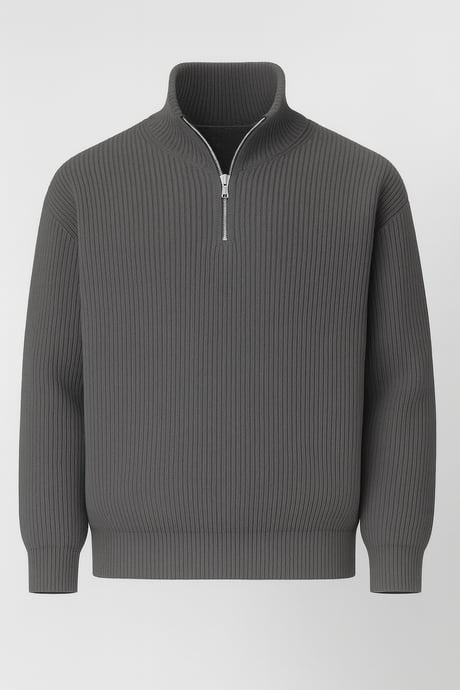 Nolan Oversize Selanik Örgü Yarım Fermuar Erkek Triko Kazak - Füme