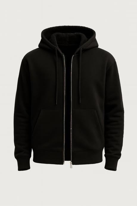 İçi Peluş Üç İplik Kumaş Oversize Fermuarlı Kapüşonlu Sweatshirt- Siyah