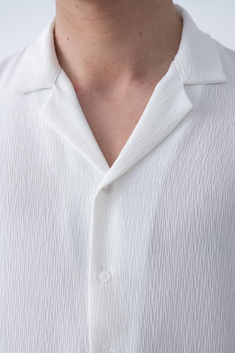 Apaş Yaka Uzun Kol Dokulu Erkek Gömlek - Ekru