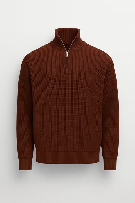 Nolan Oversize Selanik Örgü Yarım Fermuar Erkek Triko Kazak - Kahve