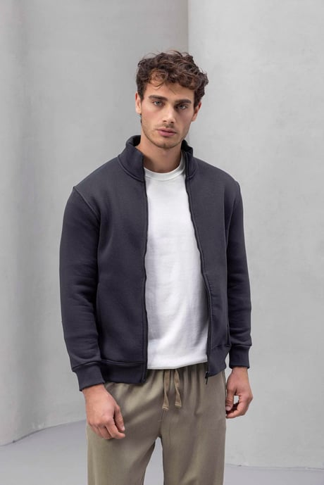 Marcel Regular Fit Fermuarlı Kıstırma Cepli Üç İp Şardonlu Erkek Sweatshirt - Füme