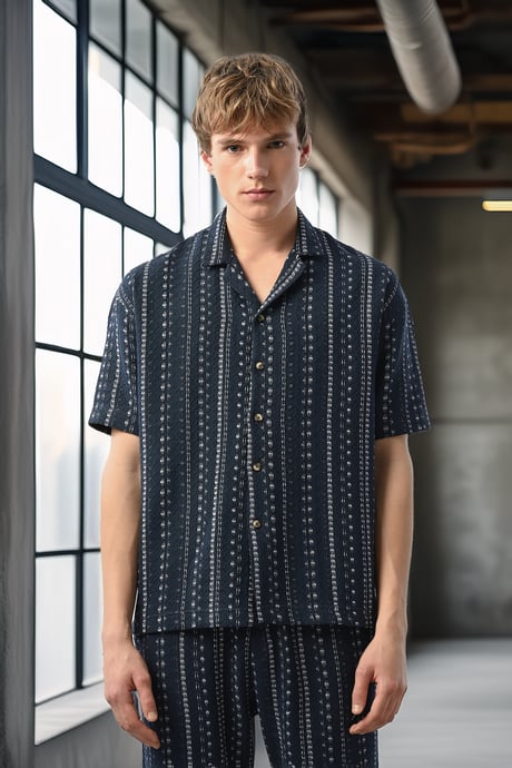 Bohem Çizgili Örme Kumaş Erkek Gömlek - Petrol