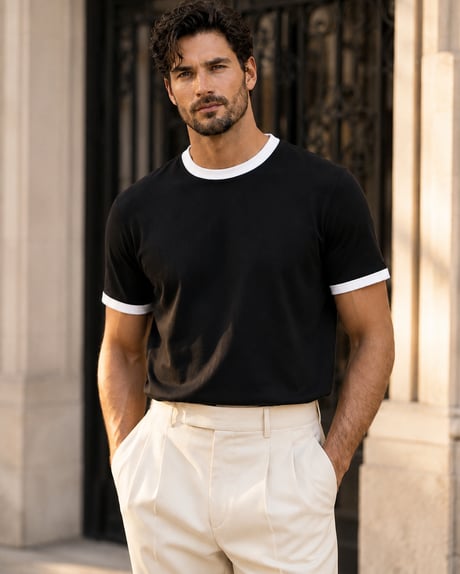 Capra Yaka Kol Biyeli Basic Pamuk Likralı İki İplik Erkek T-Shirt - Siyah