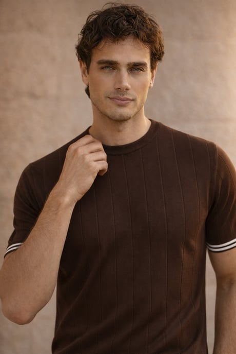 Dale Kolları Şeritli Bisiklet Yaka İnce Triko Örme Regular Fit Erkek T-Shirt - Kahve