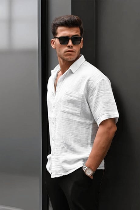 Müslin Kumaş Tek Cepli Gömlek- Beyaz