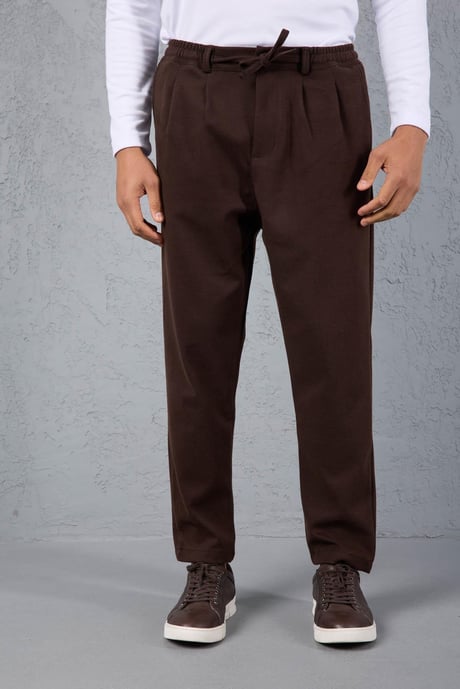 Milos Relax Fit Örme Kaşe Kumaş Fermuarlı Beli Lastikli Jogger Erkek Pantolon - Kahve