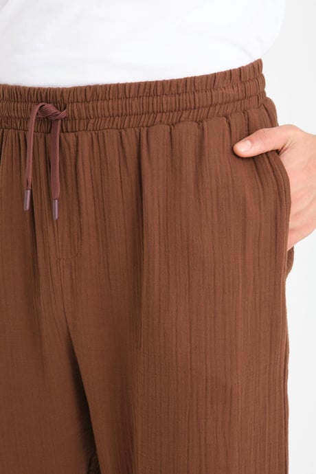 Baggy Kalıp Müslin Kumaş Pantolon - Kahve