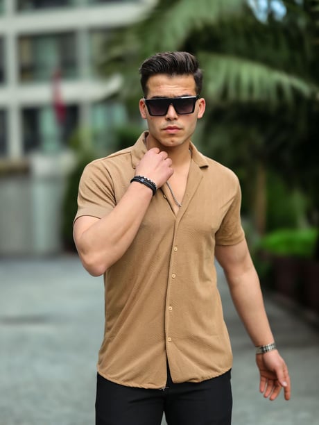 Balık Sırtı Desenli Kısa Kol Gömlek - Bej