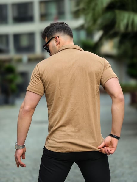 Balık Sırtı Desenli Kısa Kol Gömlek - Bej