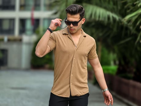 Balık Sırtı Desenli Kısa Kol Gömlek - Bej