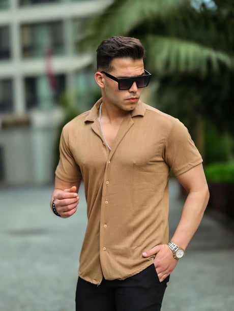 Balık Sırtı Desenli Kısa Kol Gömlek - Bej