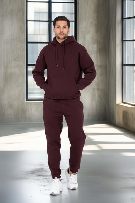 Şardonlu Kanguru Cepli Sweatshirt - 3 İplik Şardonlu Lastik Paça Erkek Eşofman Altı- Eşofman Takımı - Bordo