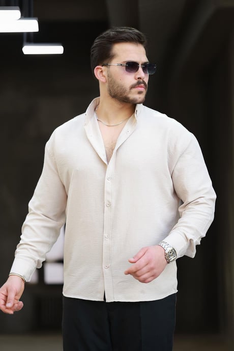 Yumuşak Dokulu Yarım Oversize Erkek Gömlek - Bej
