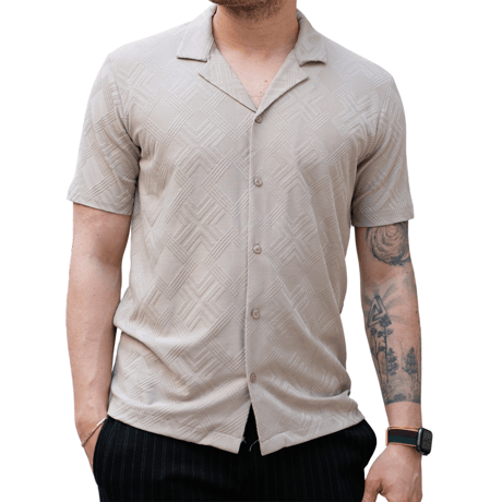 Bej Erkek Jakarlı Desenli Kısa Kollu Relaxed Gömlek