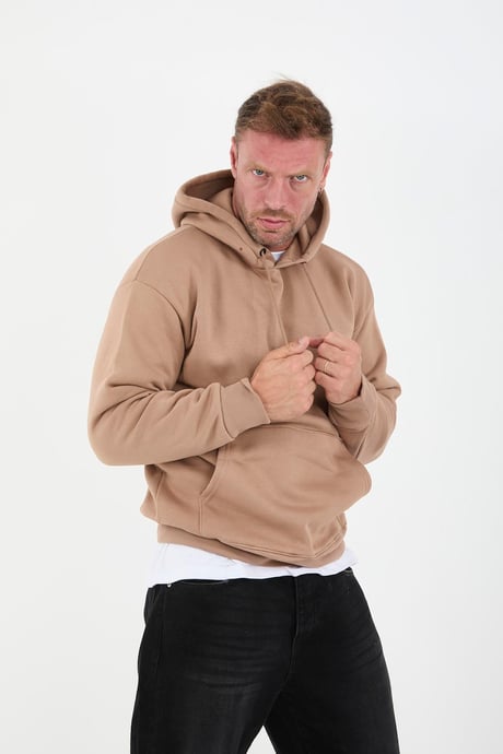 Bej Erkek Oversize Kapüşonlu Kanguru Cepli Sweatshirt - Hoodie