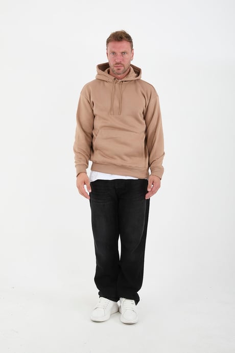 Bej Erkek Oversize Kapüşonlu Kanguru Cepli Sweatshirt - Hoodie