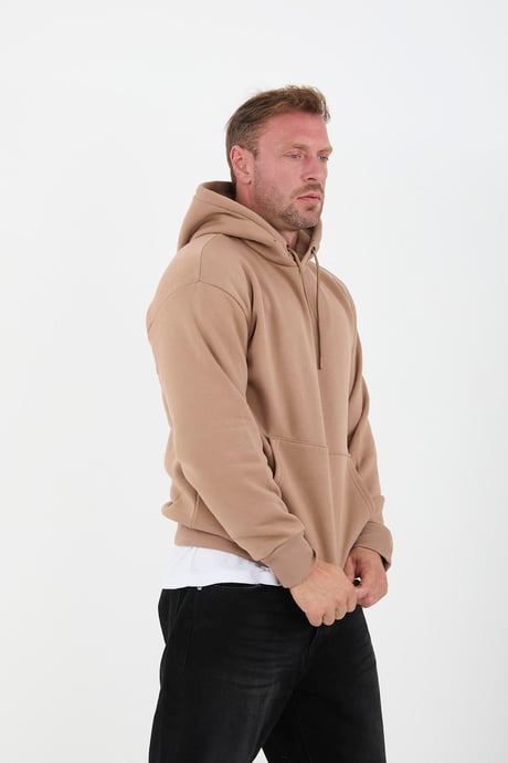 Bej Erkek Oversize Kapüşonlu Kanguru Cepli Sweatshirt - Hoodie