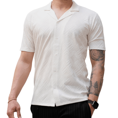 Beyaz Erkek Jakarlı Desenli Kısa Kollu Relaxed Gömlek