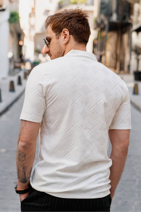 Beyaz Erkek Jakarlı Desenli Kısa Kollu Relaxed Gömlek