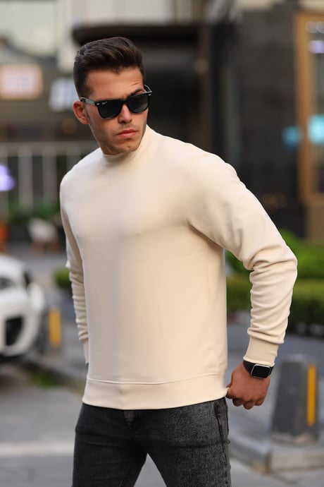 Bisiklet Yaka Basic Sweatshirt - Bej