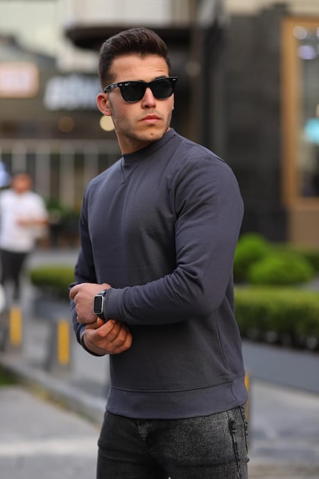 Bisiklet Yaka Basic  Sweatshirt - Füme