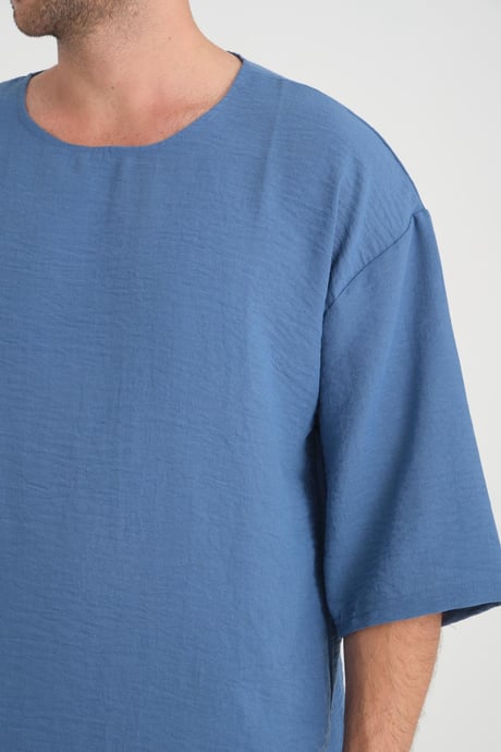 Bisiklet Yaka Fakir Kol Oversize Kısa Kol T-shirt - Mavi