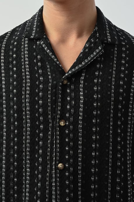 Bohem Çizgili Örme Kumaş Erkek Gömlek - Siyah