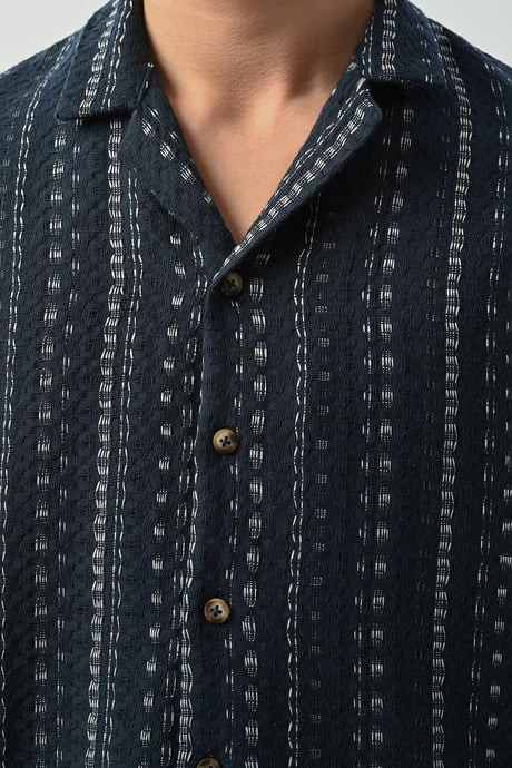 Bohem Çizgili Örme Kumaş Erkek Gömlek - Petrol