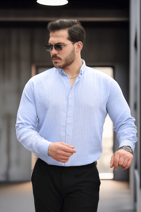 Çizgili Müslin Kumaş Yakalı Erkek Gömlek - Mavi