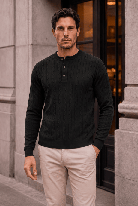 Bergamo %100 Akrilik Henley Yaka Saç Örgülü İnce Erkek Triko Kazak - Siyah