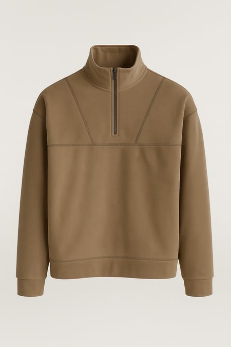 Crowe Çizgi Şeritli Oversize Yarım Fermuar Polar Erkek Sweatshirt - Bej