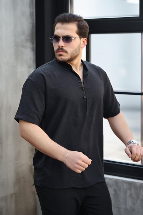 Wes Oversize Yarım Pat Bambu Kısa kol Gömlek - Siyah