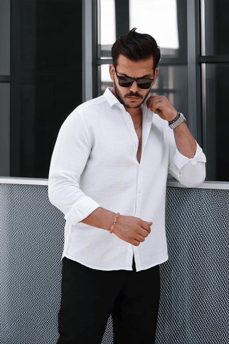 Nefes Alabilir Yarım Oversize Müslin Kumaş Uzun Kol Yakalı Erkek Gömlek - Beyaz