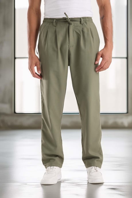 Bezayağı Kumaş Relax Fit Duble Paça Jogger Pantolon - Avcı Yeşili