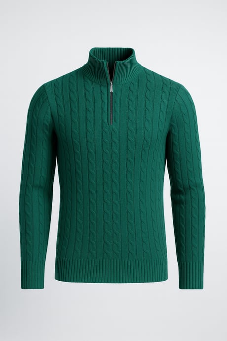 Bardem Saç Örgülü Yarım Fermuar Erkek Triko Kazak - Yeşil